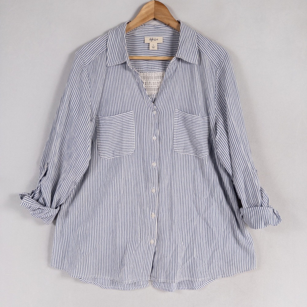 Style & Co Shirt Sz Large Blue White Stripe Button Up Lace Back Panel Tab Sleeve